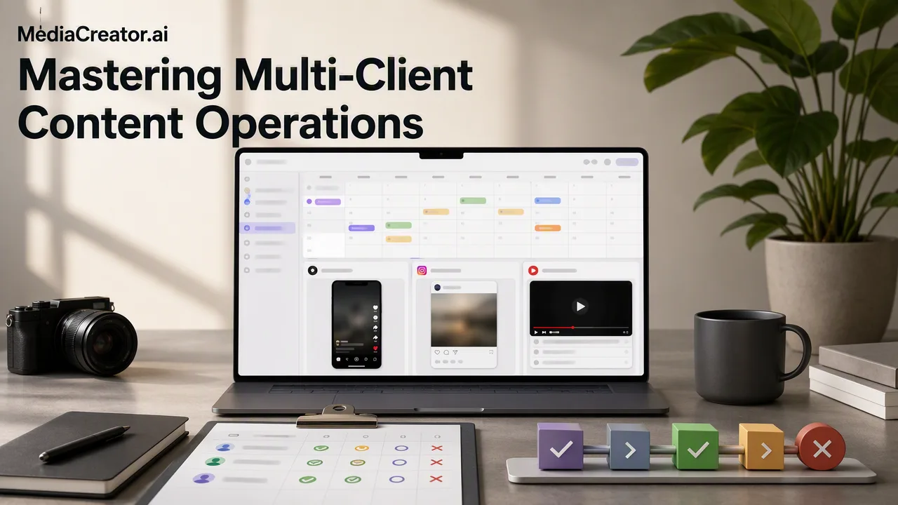 Mastering Multi-Client Content Operations: A Workflow Guide for Agencies - Blog article cover image about Master your social media agency workflow. Learn ho...